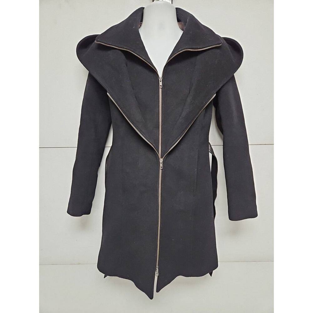 Soia & Kyo Luxury Hooded Wool Blnd Black Coat W/ Zip Inner Vest Leather Belt S/P